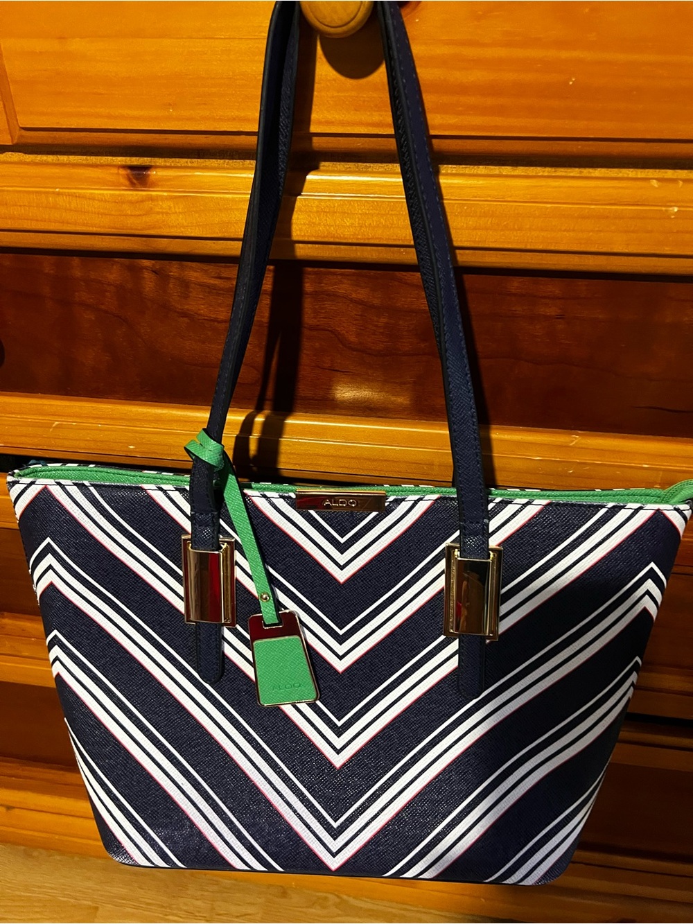 ALDO Navy Chevron Tote with Green Trim